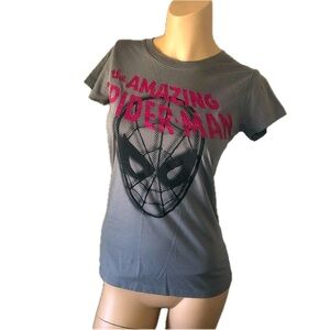 Marvel Glitter Amazing Spiderman Pink Graphic Grey T-Shirt Girlcore Size Small